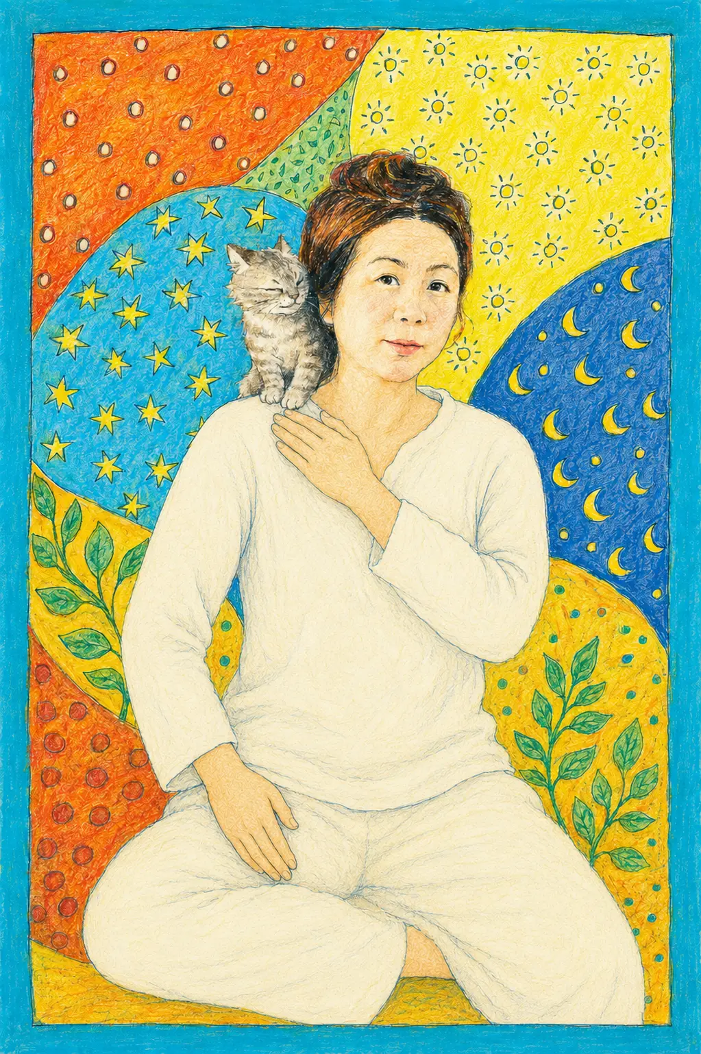 一位靜坐者與小貓相伴的溫暖插畫,象徵陪伴與安定